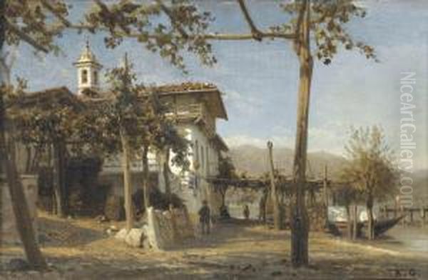 Uferpartie Am Lago Maggiore Mit Kirche Undfigurenstaffage Oil Painting by Karl Girardet