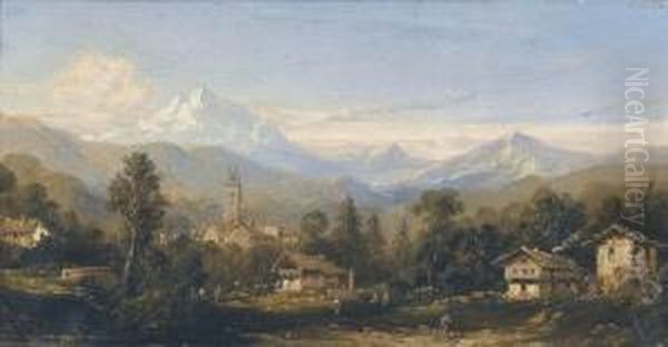 Gebirgspartie Mit Dorf In Den Alpen Oil Painting by Karl Girardet