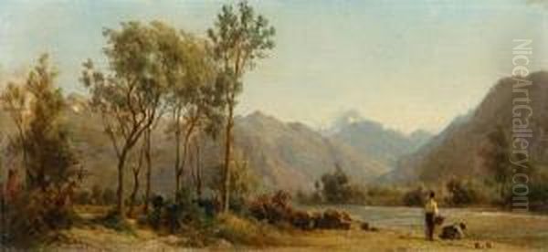 River Landscape. Oil Painting by Karl Girardet