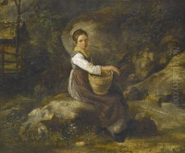 Sitzendes Madchen Mit Korb Bei Felsen. Oil Painting by Karl Girardet