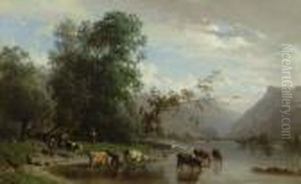 Cows At Brienzersee. Oil Painting by Karl Girardet