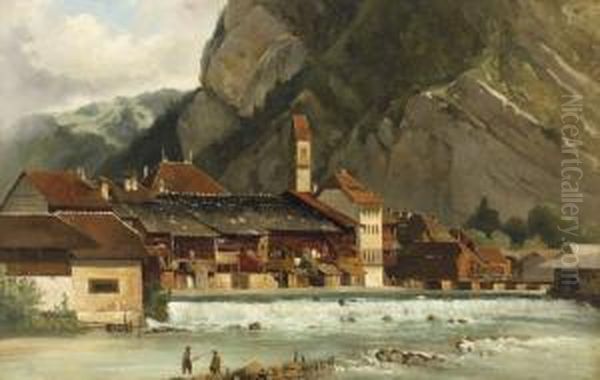 Ansicht Von Unterseen. Oil Painting by Karl Girardet