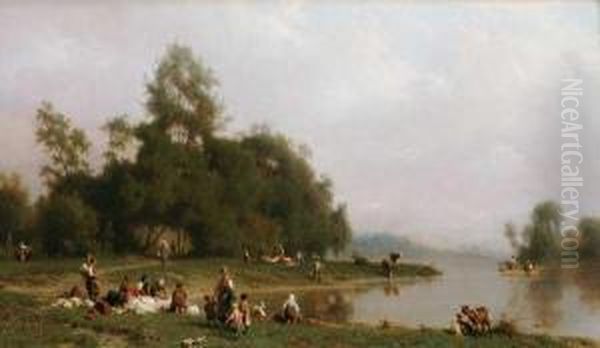 ''laundresses At The Riverbank'' Oil Painting by Karl Girardet