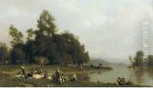 Laundresses At The Riverbank Oil Painting by Karl Girardet