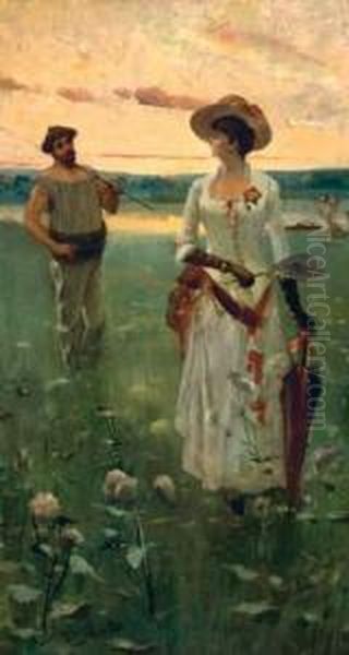 Elegante Avec Un Pecheur, Circa 1890 Oil Painting by David Eugene Girin