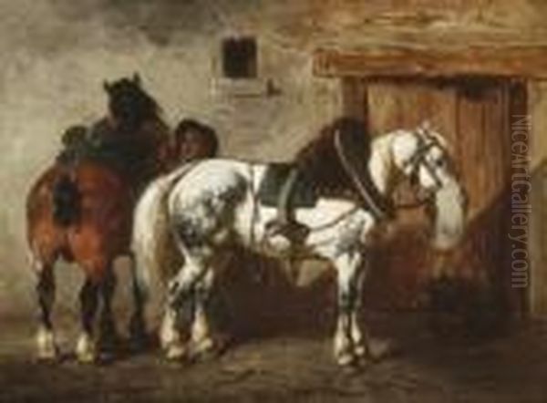 Stallbursche Mit Zwei
 Pferden. Oil Painting by Achille Giroux