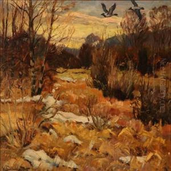 Winter Landscape At Sunset Oil Painting by William Gislander