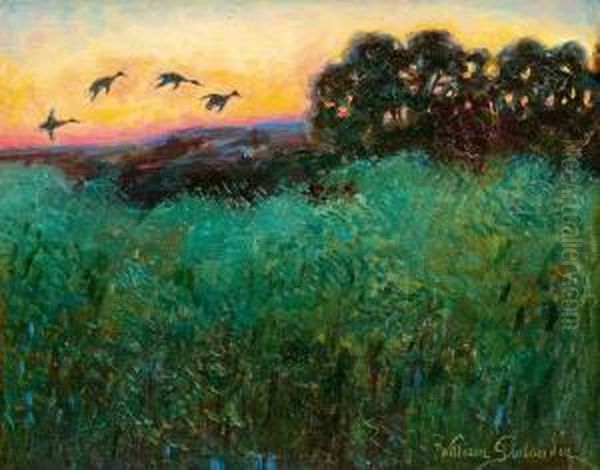 Ducks In Sunset Oil Painting by William Gislander