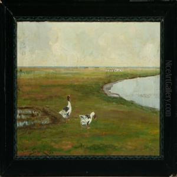 Grazing Geese In The Meadow Oil Painting by William Gislander