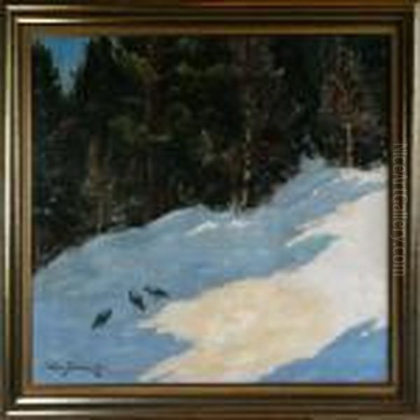 A Winter Landscape Scenery With Birds Oil Painting by William Gislander