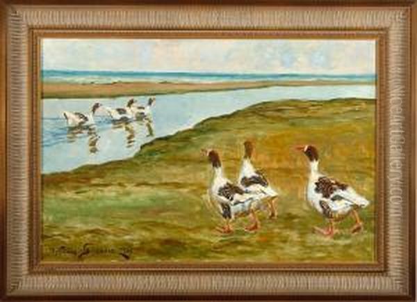 A Coastal Scenery With Geese. Signed. Dated 1926 Oil Painting by William Gislander