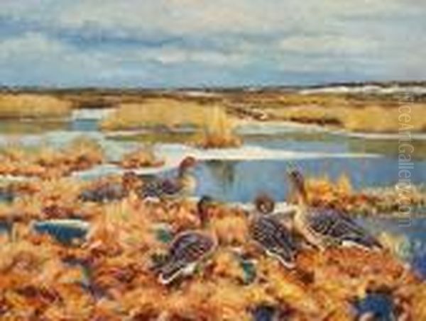 Ducks On A Tidal Meadow, Winter Oil Painting by William Gislander