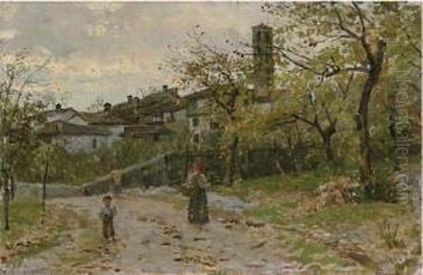 A Woman And Child On A Village Path Oil Painting by Bartolomeo Giuliano