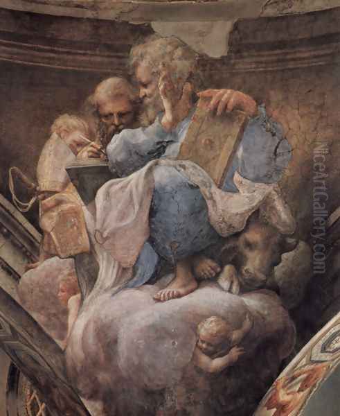 Frescoes in the church of San Giovanni Evangelista in Parma, Gewölbezwickel, Scene, St. Ambrose and St. Lucas Oil Painting by Antonio Allegri da Correggio