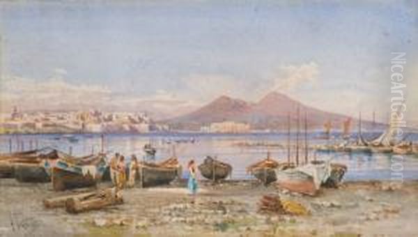 Pescatori A Riva Nel Golfo Di Napoli Oil Painting by Guglielmo Giusti