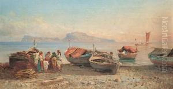 Pescatori Sulla Spiaggia Sullo Sfondo Di Capri Oil Painting by Guglielmo Giusti