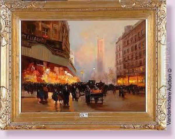 Boulevard Parisien Anime Au Coucher Du Soleil Oil Painting by Fausto Giusto