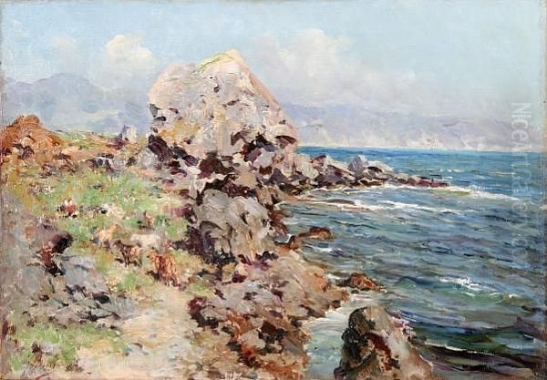 A Mediterranean Coastal Scene Oil Painting by Fausto Giusto