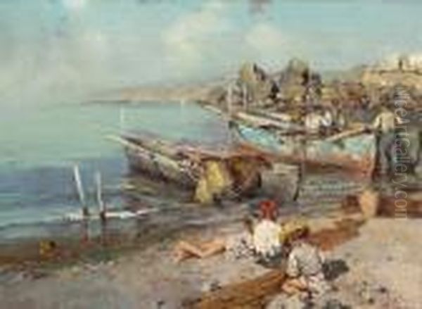 Bay Of Naples With Fishermen And Children On The Shore Oil Painting by Fausto Giusto