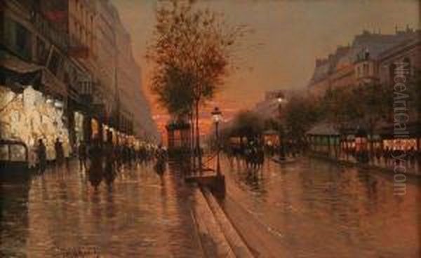 Paris Street Scene At End Of Day Oil Painting by Fausto Giusto