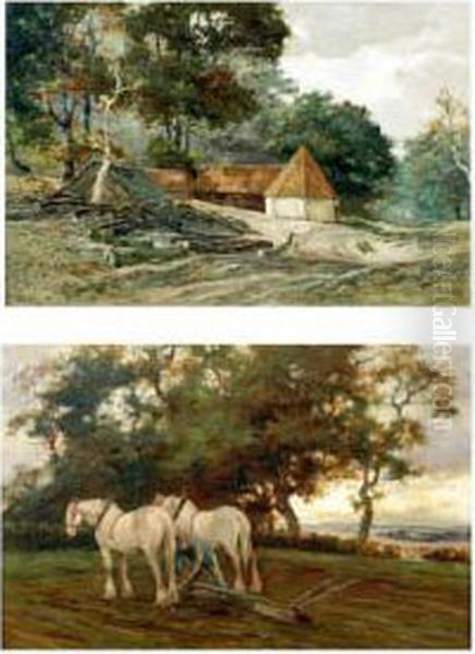 Clydesdale Horses Ploughing And Timber Before Farm Buildings Oil Painting by John Hamilton Glass