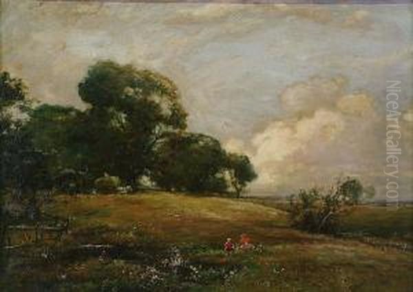 Two Figures Sitting In Meadow; & A Companion, Sheep Grazing By A River Oil Painting by John Hamilton Glass