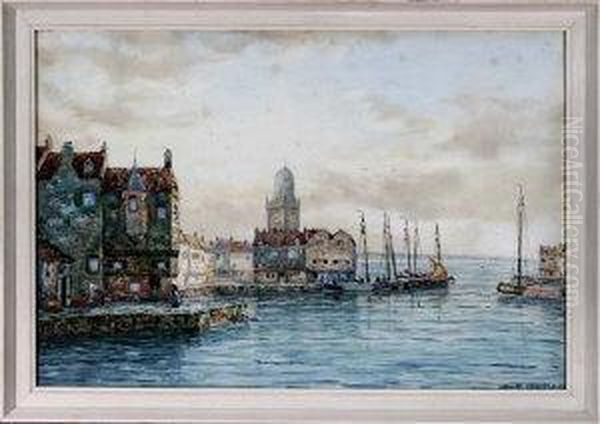 A Dutch Fishing Port Oil Painting by John Hamilton Glass