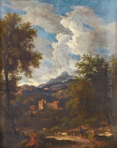 A Classical Landscape With A Goatherd And Travellers On A Track, A Monastery Beyond Oil Painting by Johannes (Polidoro) Glauber