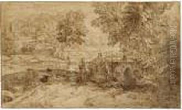 Italianate Landscape With 
Figures Resting By A Lake, A Village In The Distance To The Left Oil Painting by Johannes (Polidoro) Glauber