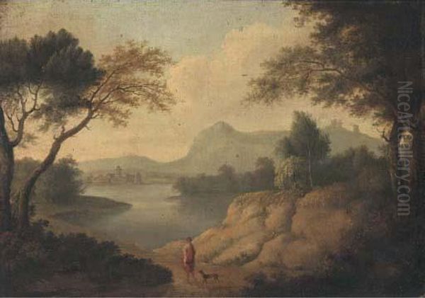 A Wooded River Landscape With A Classical Figure And A Dog On A Track Oil Painting by Johannes (Polidoro) Glauber