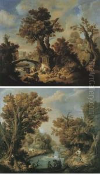 Paesaggio Fluviale Con 
Contadini; E Paesaggio Fluviale Concontadini E Armenti Presso Un Ponte 
Di Pietra In Lontananza Oil Painting by Johannes (Polidoro) Glauber