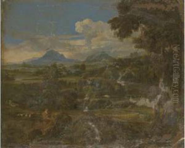 A Classical Landscape With A Figure By A Rock Oil Painting by Johannes (Polidoro) Glauber