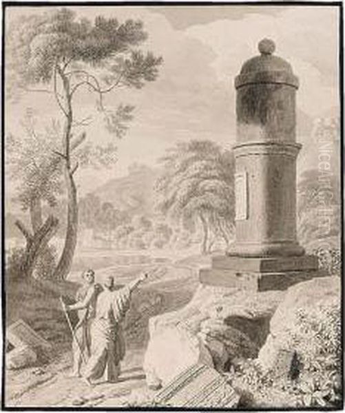 Arcadian Landscape With Two Figures On A Road By A Monument Oil Painting by Johannes (Polidoro) Glauber