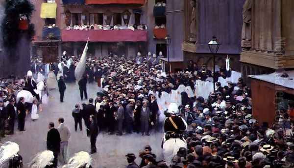 Corpus Christi procession leaving the Church of Santa Maria del Mar, 1898 Oil Painting by Ramon Casas