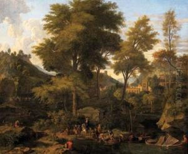 A Classical River Landscape With
 Figures Unloading A Boat, A Townbeyond; And A Classical River Landscape
 With Travellers Resting Andwatering Their Animals, A Tower Beyond Oil Painting by Johannes (Polidoro) Glauber