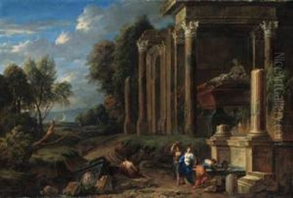 A Capriccio Of Classical Ruins 
In A Wooded Landscape, With Women Bya Fountain By A Tomb And A Shepherd 
Resting On A Plinth, The Seabeyond Oil Painting by Johannes (Polidoro) Glauber