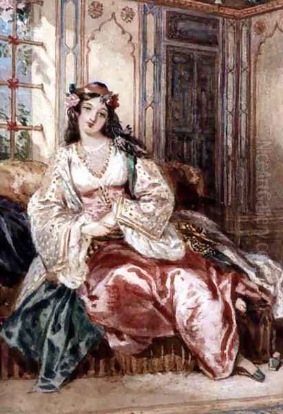 A Lady Seated in an Ottoman Interior Wearing Turkish Dress, 1832 Oil Painting by Alfred-Edward Chalon