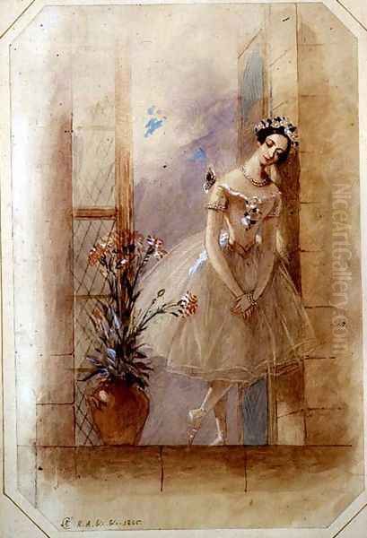 Standing on the window ledge, La Sylphide mourns James's betrothal to his childhood sweetheart, Marie Taglioni (1804-1884) in Act I of a performance of 'La Sylphide, Souvenir D'Adieu', 1845 Oil Painting by Alfred-Edward Chalon