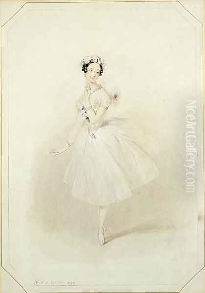 La Sylphide, the ethereal creature, dances for James, Marie Taglioni (1804-1884) in Act I of a performance of 'La Sylphide, Souvenir D'Adieu', 1845 Oil Painting by Alfred-Edward Chalon