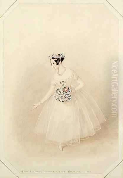 Marie Taglioni (1804-1884) as La Sylphide takes her curtain call with a posy of flowers, in a performance of 'La Sylphide, Souvenir D'Adieu' Oil Painting by Alfred-Edward Chalon