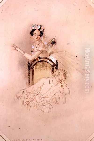 La Sylphide hovers beside the seated sleeping James, Marie Taglioni (1804-1884) in Act I of a performance of 'La Sylphide, Souvenir D'Adieu' 1845 Oil Painting by Alfred-Edward Chalon