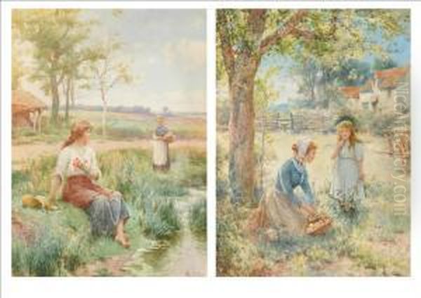 Young Mother And A Girl Picking Apples In An Orchard Oil Painting by Alfred I Glendening