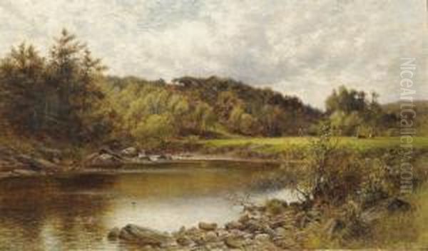 River Landscape With Cattle In A Sunlit Meadow by Alfred I Glendening