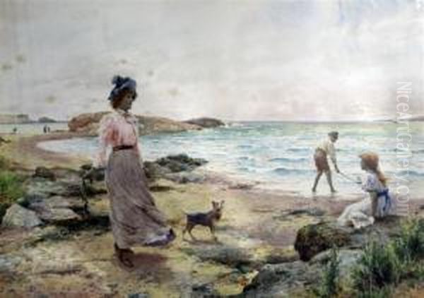 Mother And Children On The Seashore Oil Painting by Alfred I Glendening