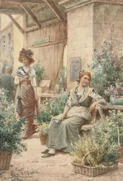 The Flower Market Oil Painting by Alfred I Glendening