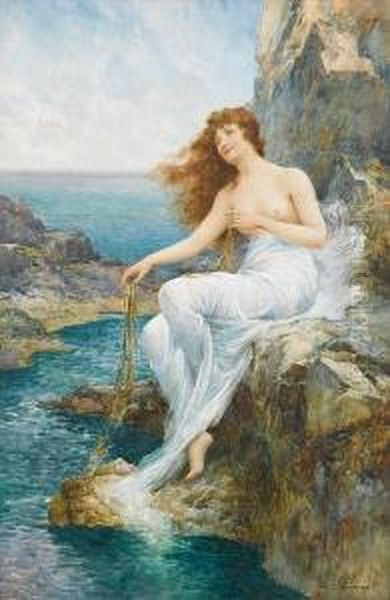 A Sea Maiden Resting On A Rocky Shore Oil Painting by Alfred I Glendening