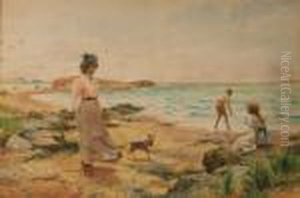 Coastal View With A Lady Oil Painting by Alfred I Glendening