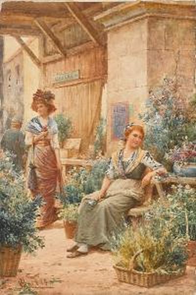 A Flower Market Oil Painting by Alfred I Glendening