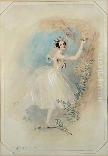 James, having deserted Effie, presents La Sylphide with a nest of a sister creature of the air. Oil Painting by Alfred-Edward Chalon