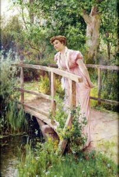 Good Morning, With Lady Looking Longingly On A Rustic Bridge Oil Painting by Alfred I Glendening